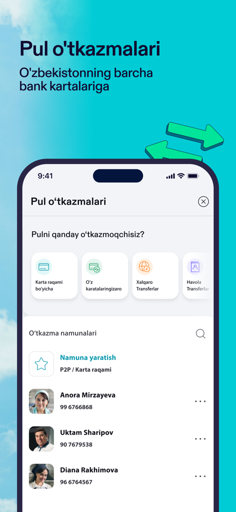 TBC UZ: Online Mobile Banking - Interfaz de la aplicación TBC UZ mostrando opciones de transferencia de dinero y contactos recientes