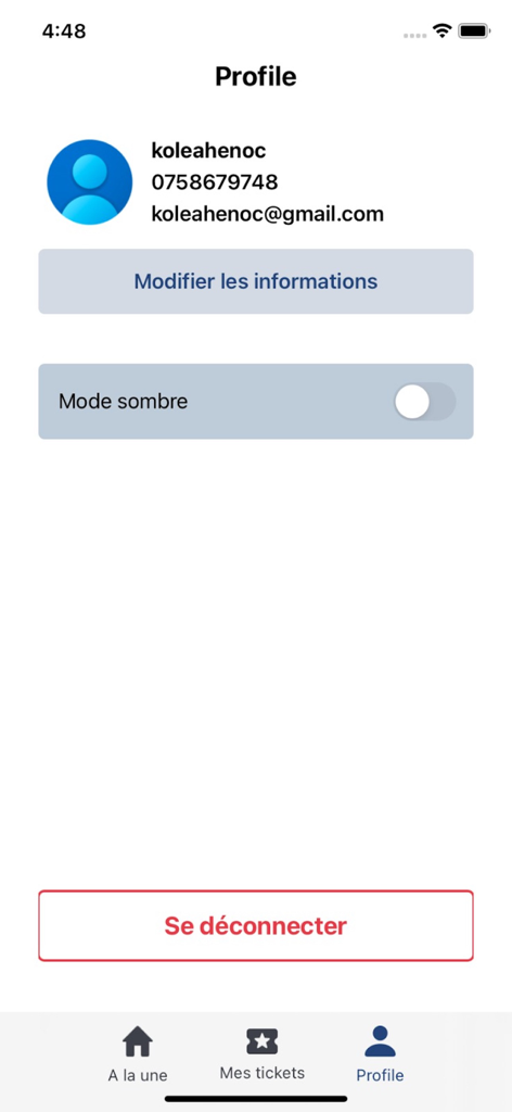 SkanTicket user profile interface showing account details and settings