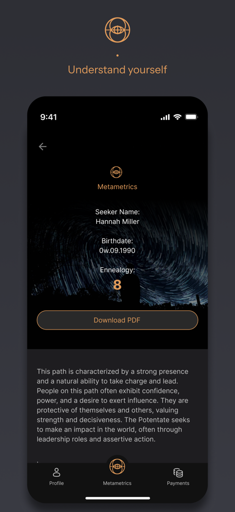 Sibyl AI - Pantalla de la aplicación Sibyl AI mostrando detalles del perfil de Metafísica y Enealogía para el autodescubrimiento del usuario.