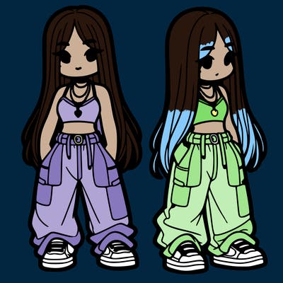 girl in baggy pants crop top and long hair