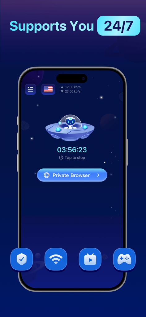 Global VPN Secure Browser app interface featuring a private browser button and a 24/7 support message.