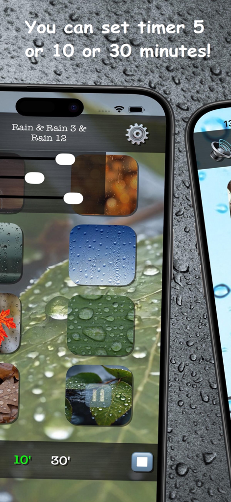 Rain Sounds | instantly sleep - Interfaz de la aplicación Sonidos de Lluvia mostrando controles deslizantes de volumen para sonidos de la naturaleza mezclados y configuración del temporizador de sueño