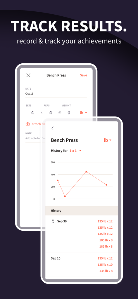 Wodify - Wodifyアプリの画面は、ジムのパフォーマンスとベンチプレスの結果の記録方法と追跡方法を示しています。