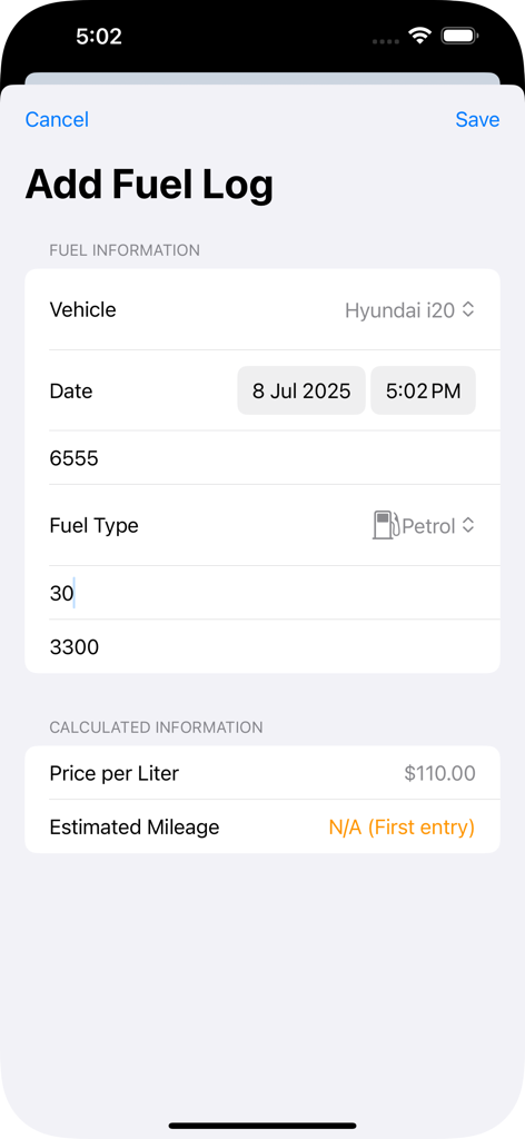 MyCarLog: Vehicle Tracker - Tela de adição de registro de combustível no aplicativo MyCarLog para rastrear despesas do veículo e eficiência de combustível