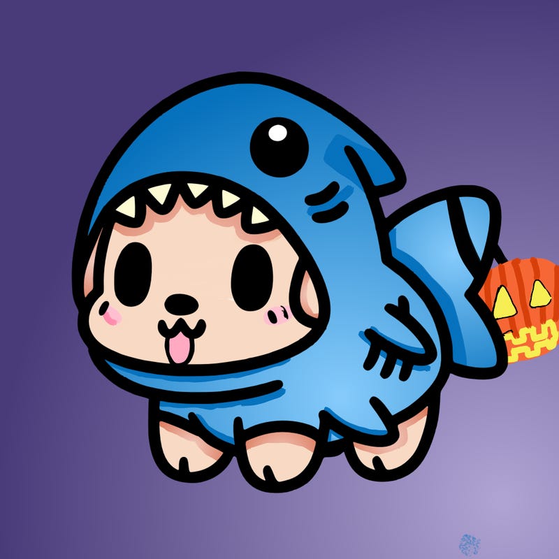 cute dog wearing a shark costume
