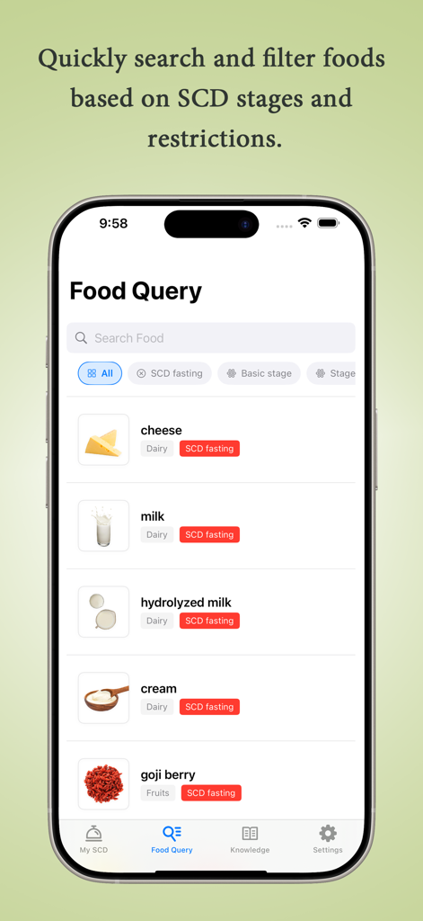 Pantalla de consulta de alimentos de la aplicación de la dieta SCD que muestra opciones de búsqueda y filtro para varias etapas y restricciones de alimentos.