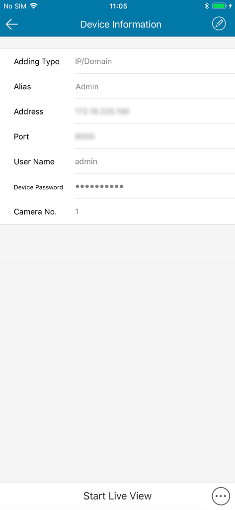 Safire Connect - Schermata delle informazioni sul dispositivo nell'app Safire Connect che mostra i dettagli di configurazione della telecamera di sicurezza