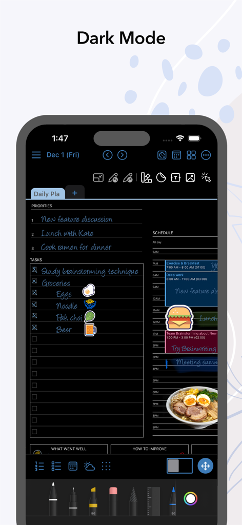 App planner digitale AJournal che mostra un programma giornaliero e un elenco di attività in modalità scura