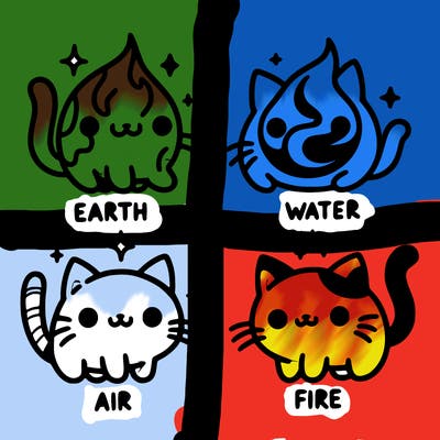 4 cats that represent the different elements, earth, water, air, and fire