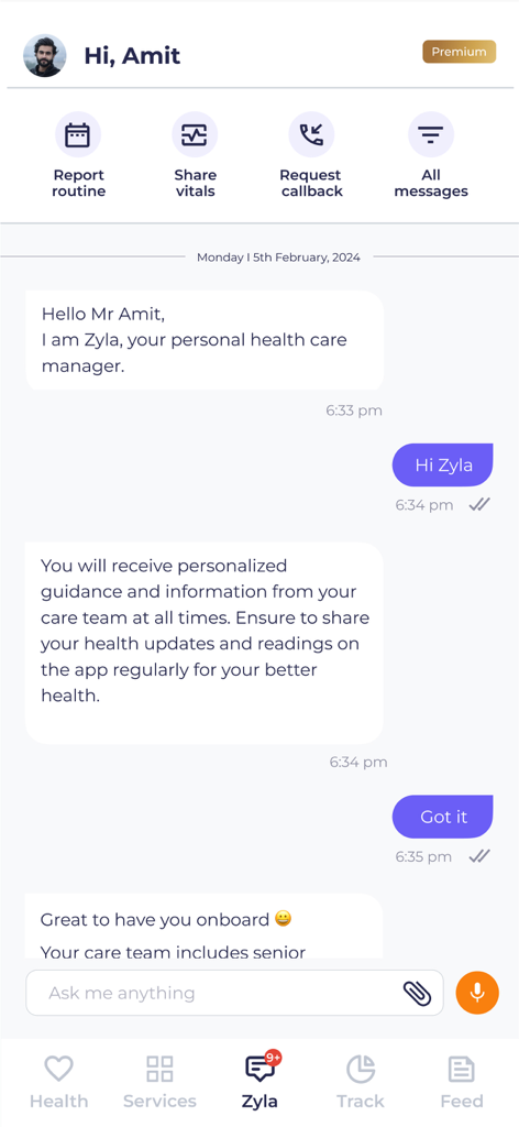 Screenshot der Zyla App-Chat-Oberfläche, die eine Konversation mit einem persönlichen Gesundheitsmanager zeigt