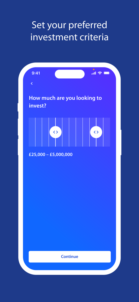 Angel Investment Network - Mobile app screen for setting preferred investment amount range in the Angel Investment Network app.