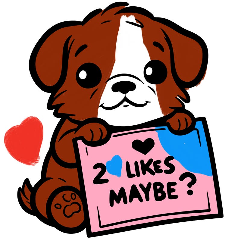 a puppy holding a sign that says 2 likes maybe?