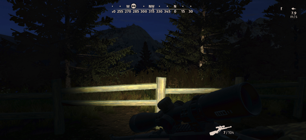 Way of the Hunter Wild America - First-person perspective of a hunting rifle scope at night in a forest
