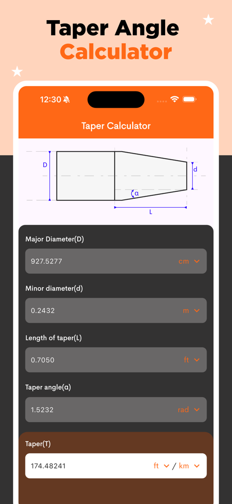 Taper Angle Calculator - Taper Angle Calculator app interface showing technical diagram and input fields for diameters and length