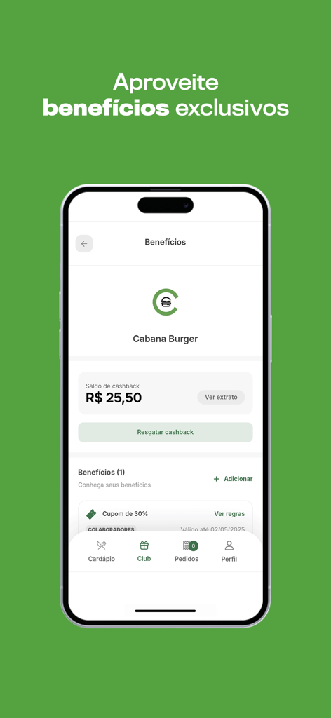 Schermata dell'app Cabana Burger che mostra il saldo cashback e i coupon premio disponibili