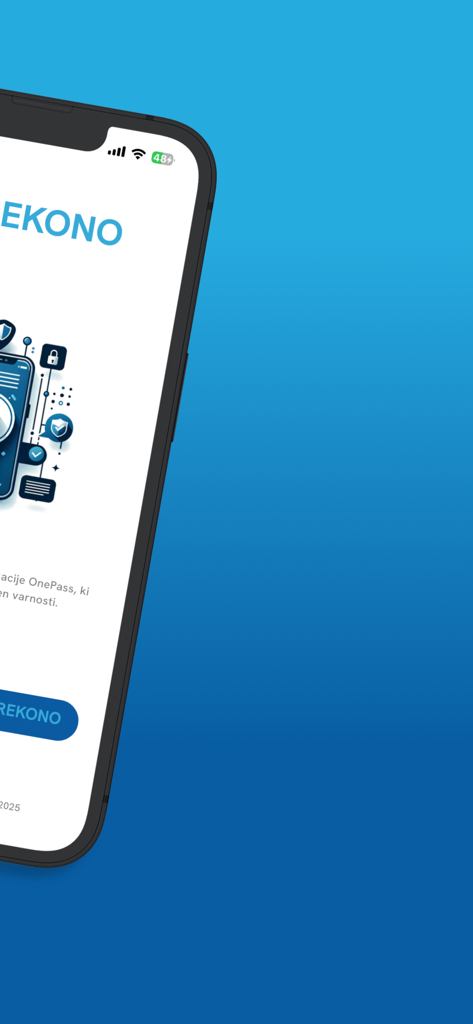 Rekono OnePass - Smartphone screen showing the Rekono OnePass security app welcome interface