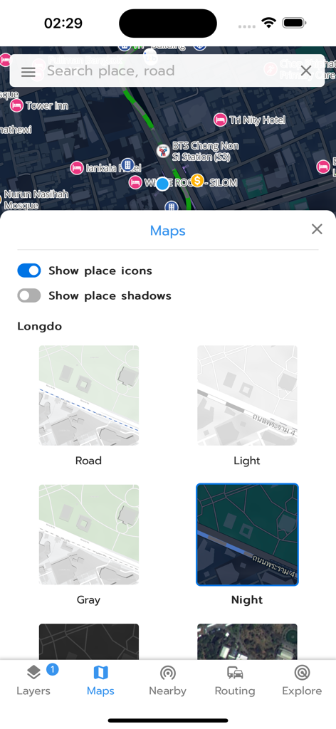 Longdo Map - Menu de configurações do aplicativo Longdo Map para selecionar estilos de mapa como modo de luz e noturno de estrada
