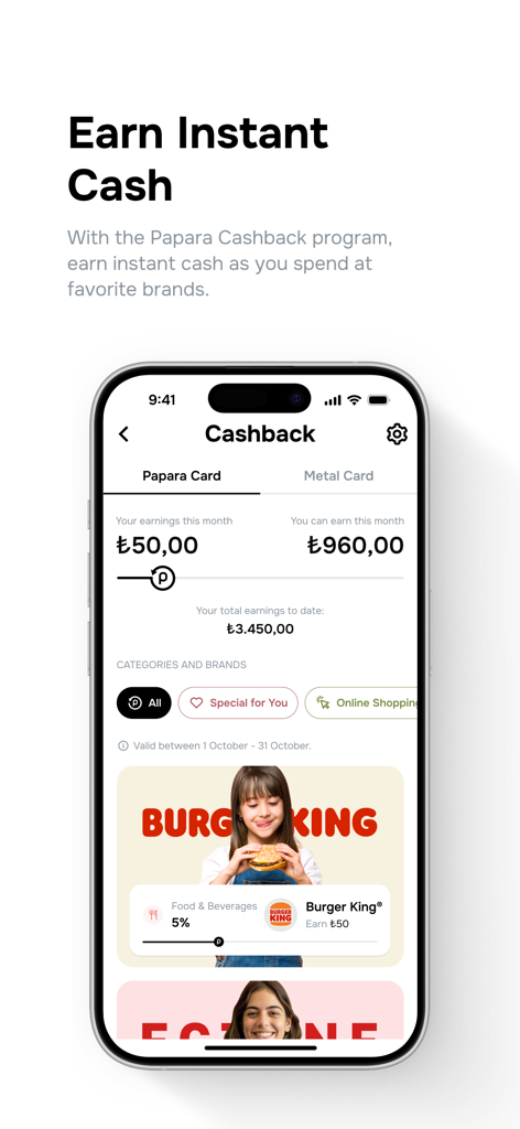 Papara - Interface de l'application mobile Papara affichant le programme de récompenses cashback et le suivi des gains mensuels.