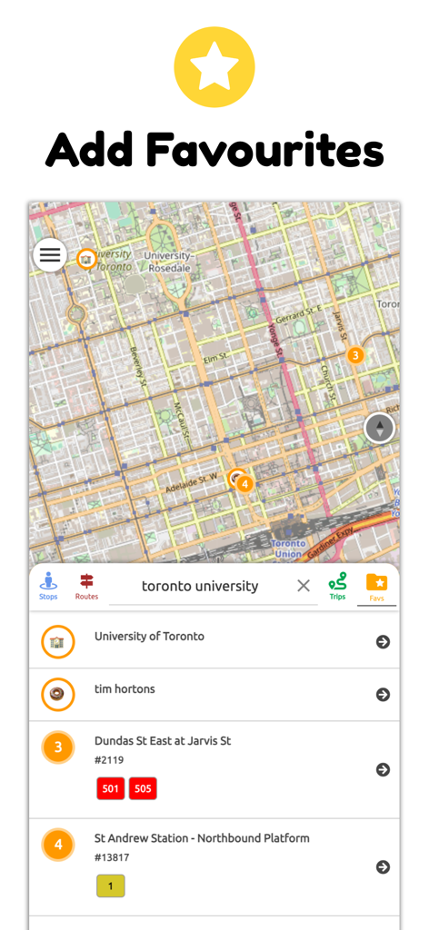 GTA Transit app interface for adding favorite stops and locations on a Toronto map.