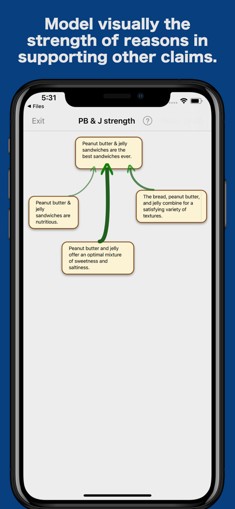 ArguMap Pro - Map Arguments - A screenshot of ArguMap Pro showing a visual argument map where premises support a conclusion with green arrows of varying thicknesses.