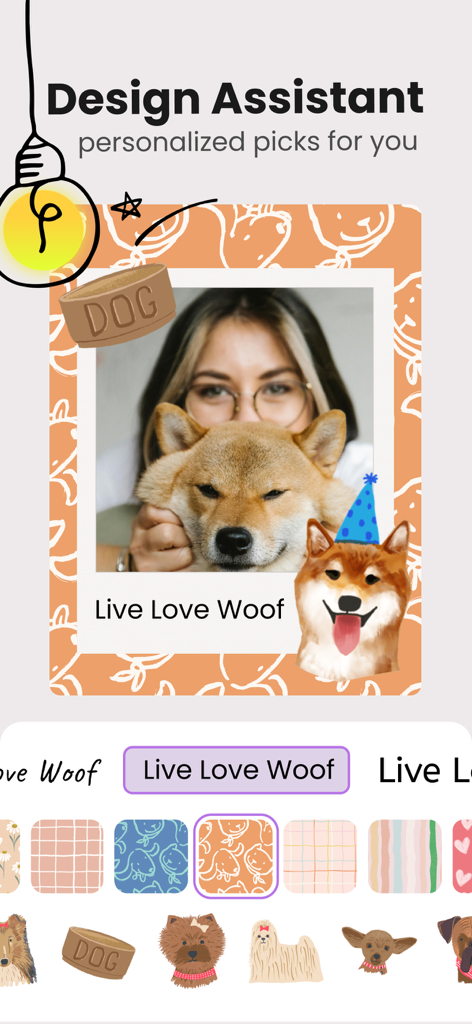 パーソナライズされた犬をテーマにしたフォトコラージュを示すデザインアシスタント機能を搭載したPicPartyアプリのインターフェース