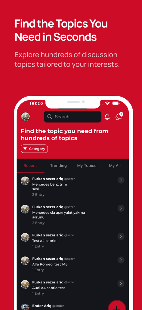Interface of the MyGarage app displaying a list of car and bike discussion topics and community threads.