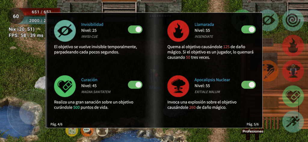 Eternum Online - Interfaz del juego Eternum Online que muestra un menú de hechizos con habilidades como invisibilidad y curación