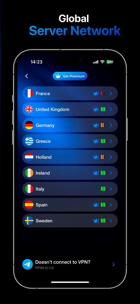 Pantalla de la aplicación VPN Francia que muestra servidores disponibles en varios países europeos