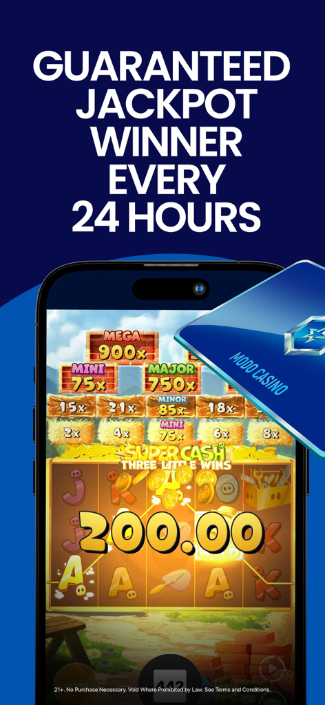 Modo Social Casino Slots - La pantalla de la aplicación Modo Social Casino muestra un ganador de jackpot garantizado cada 24 horas sobre un colorido juego de tragamonedas.