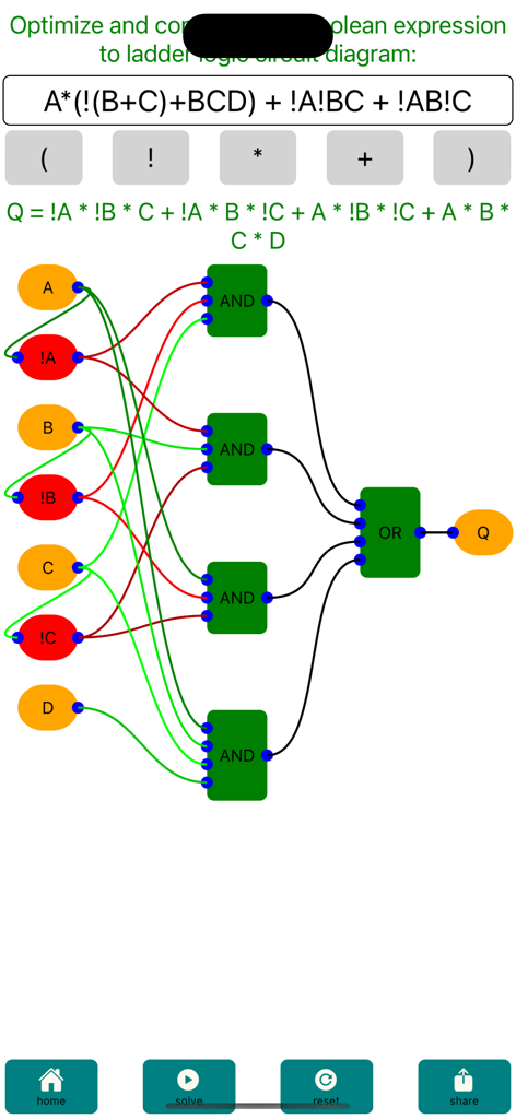 Logic-Gate-Design Pro - A logic gate circuit diagram generated from a complex Boolean expression showing inputs and connected AND and OR gates.