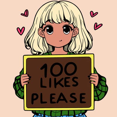 a girl holding a sign saying 100 likes please