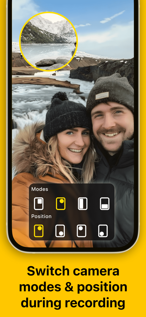 Dual Camera Photo Video Record - Una interfaz de teléfono inteligente que muestra una grabación de cámara dual con un modo Picture-in-Picture circular y ajustes de posición del diseño.