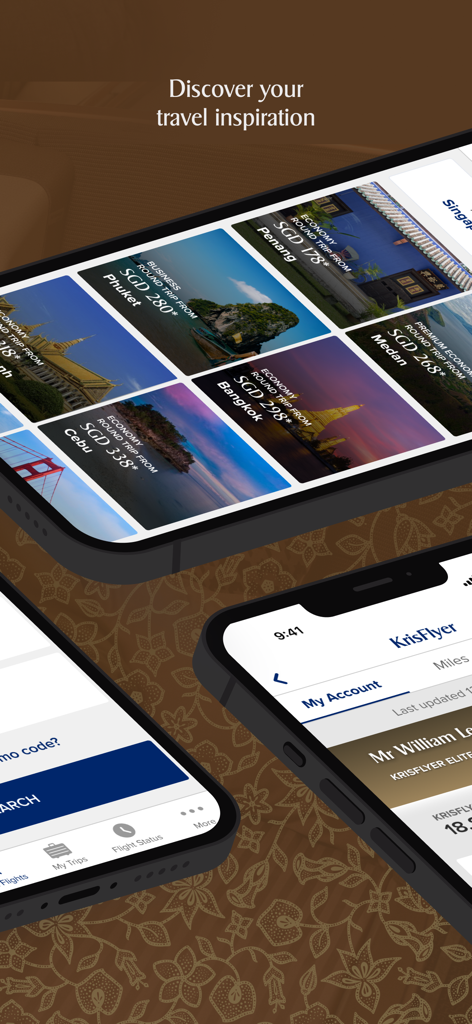 Singapore Airlines - シンガポール航空モバイルアプリ画面には、旅行のインスピレーション取引とクリスフライヤーロイヤルティアカウント情報が表示されます。