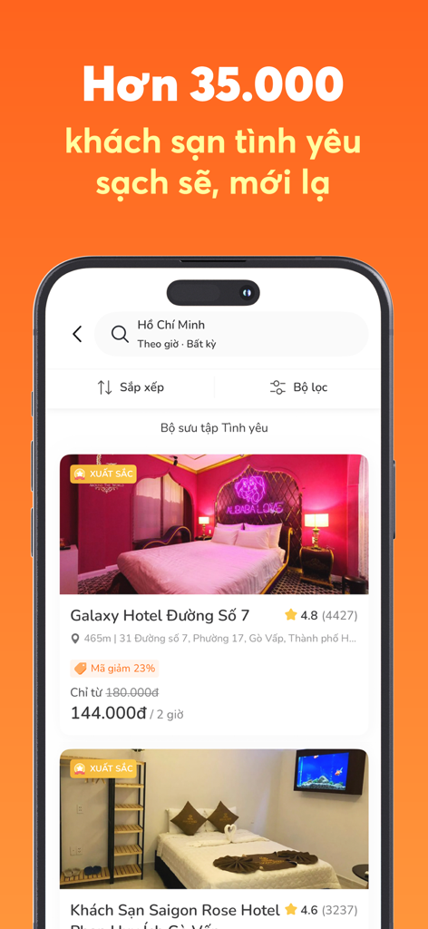 Go2Joy - Đặt phòng theo giờ - Interface de l'application Go2Joy montrant une liste d'options de chambres d'hôtel à l'heure avec des notes et des prix réduits