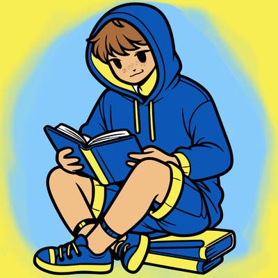 a guy the hoodie and shorts reading a book