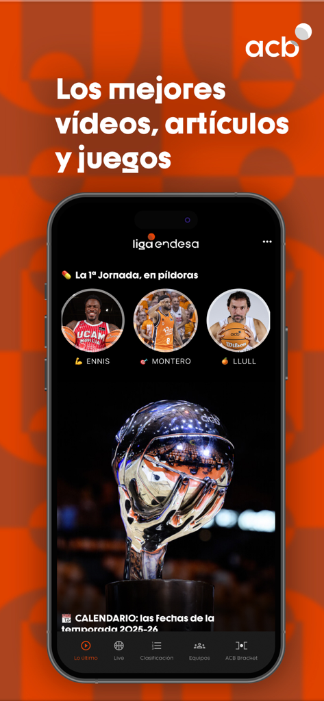 Interfaz de la aplicación de baloncesto ACB mostrando resúmenes de la Liga Endesa y perfiles de jugadores