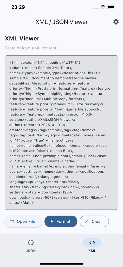 XML / JSON Viewer - Screenshot of the XML JSON Viewer mobile app showing raw XML data in an editor with options to open a file format or clear content