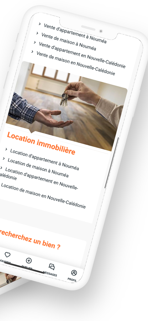 bienmeloger.nc - Bienmeloger.nc mobile app interface showing property sale and rental listings in New Caledonia