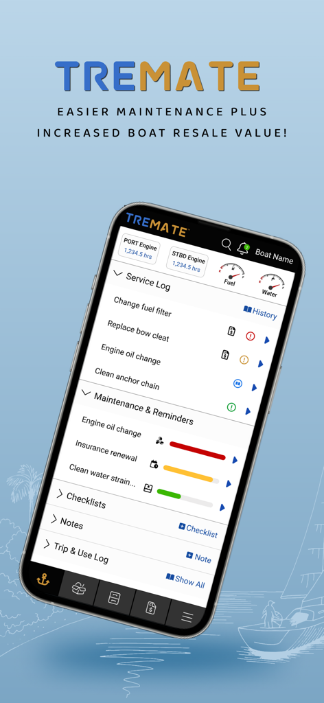 TreMate - Un smartphone mostrando el panel de la aplicación TreMate con registros de servicio del barco, recordatorios de mantenimiento y horas del motor