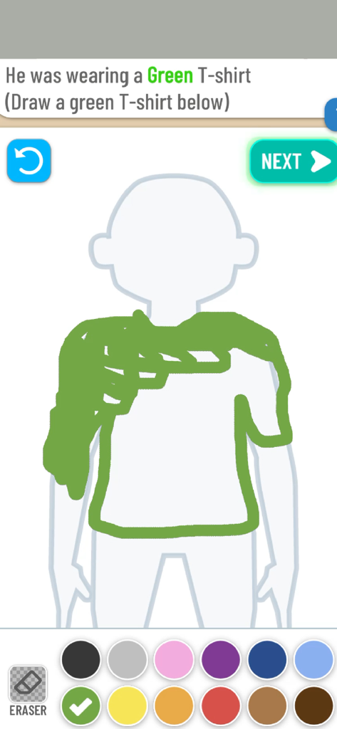 A screenshot of Line Up Draw the Criminal gameplay where a player is sketching a green t-shirt on a suspect silhouette.