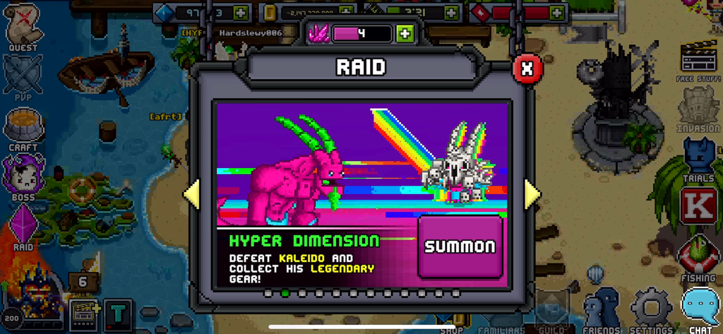 A pixel art raid screen in Bit Heroes Quest featuring the Hyper Dimension challenge with the boss Kaleido and legendary gear rewards