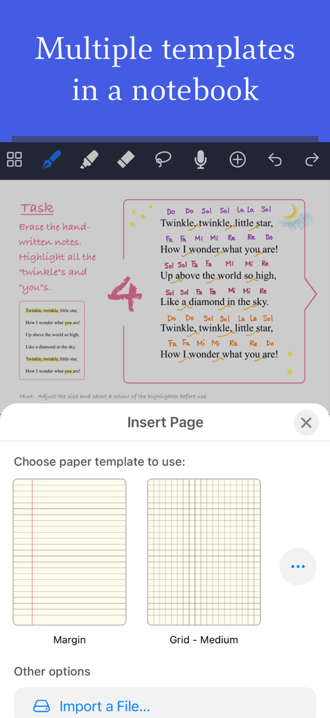 Noteful: Notes & PDF Markup - Selecting margin and grid paper templates within the Noteful note taking app on iPad