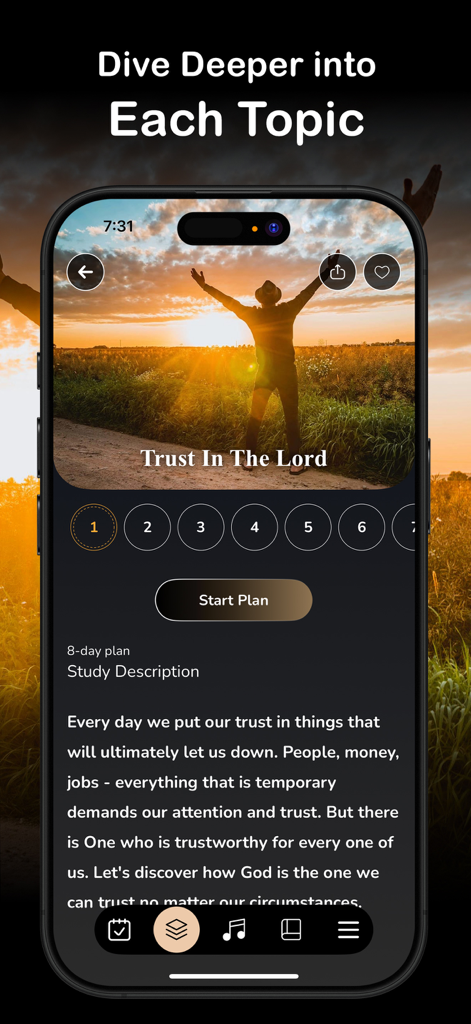 Interface de l'application Méditation Pain Quotidien pour Hommes montrant un plan d'étude biblique intitulé Confiance au Seigneur avec un arrière-plan de coucher de soleil serein
