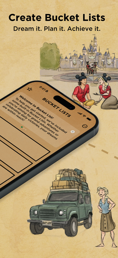 The Bucket List App - 손으로 그린 모험 그림과 함께 여행 목표를 만들고 계획하는 버킷리스트 앱 인터페이스