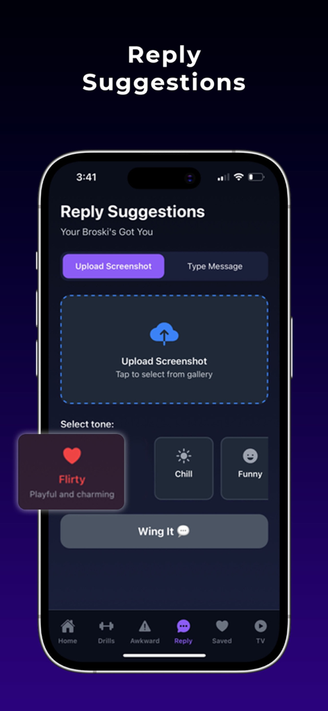 Broski: AI Wingman - Broski AI Wingman app screen showing reply suggestions and tone selection features
