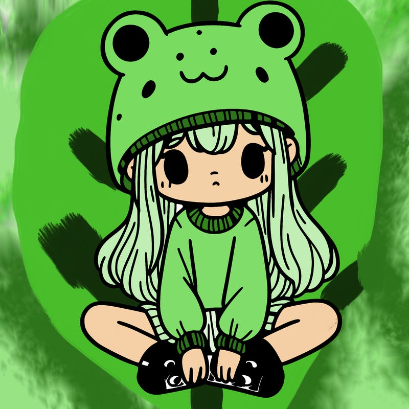 a girl wearing a frog hat and some frog socks
