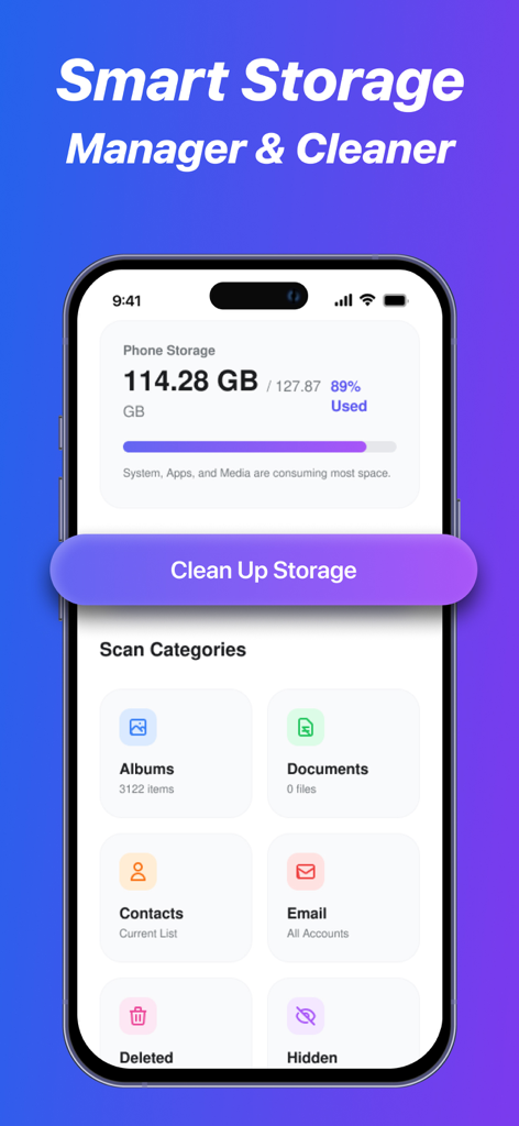 DiskDigger Pro File Recovery - 전화 저장 공간 사용량과 정리용 스캔 범주를 보여주는 DiskDigger Pro 인터페이스