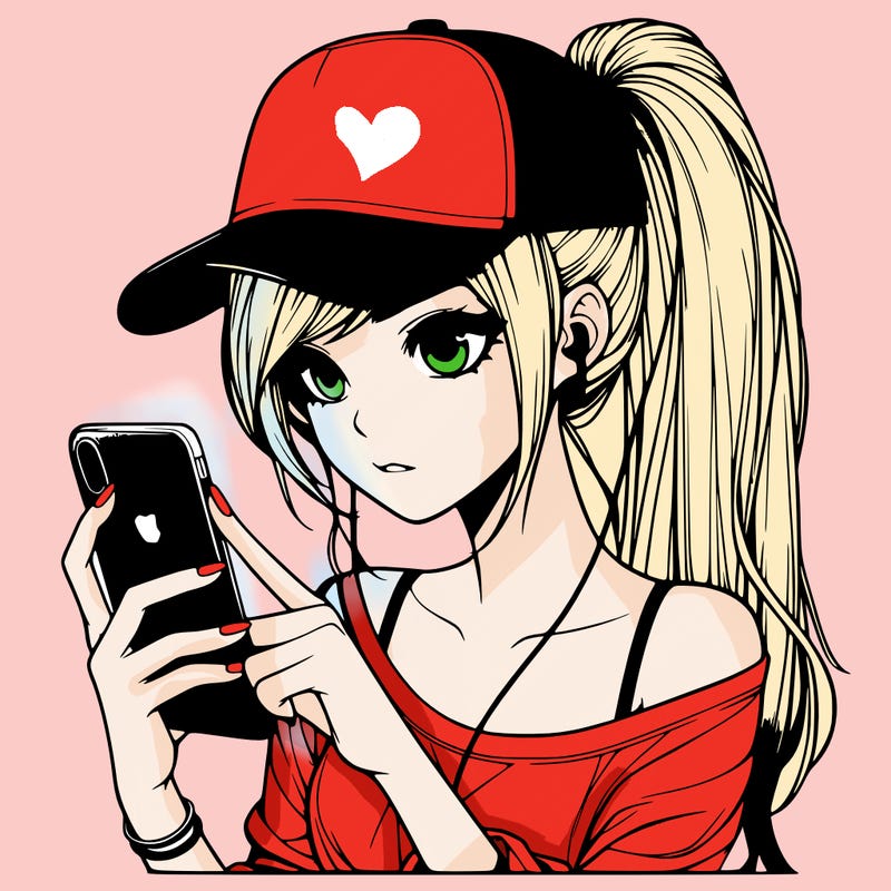 realistic girl with a long ponytail and trucker hat holding an iphone