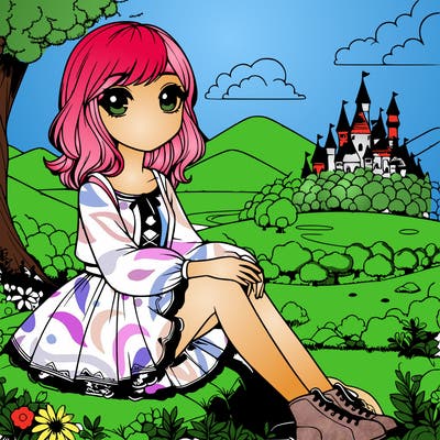 realistic girl sitting on far away hill in a magical world