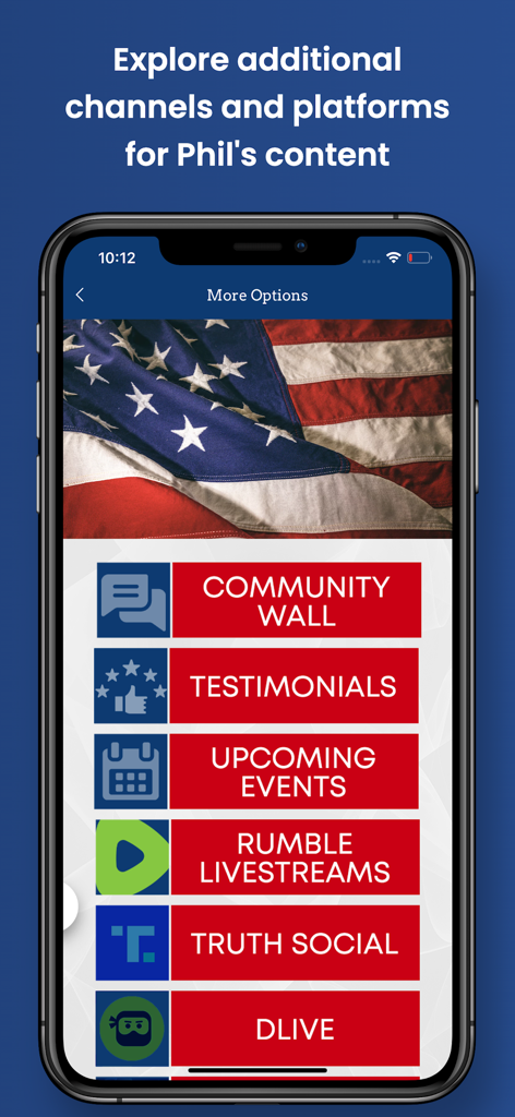 PG Patriot App - PG Patriot App menu screen showing links to Rumble Truth Social and community features with an American flag background